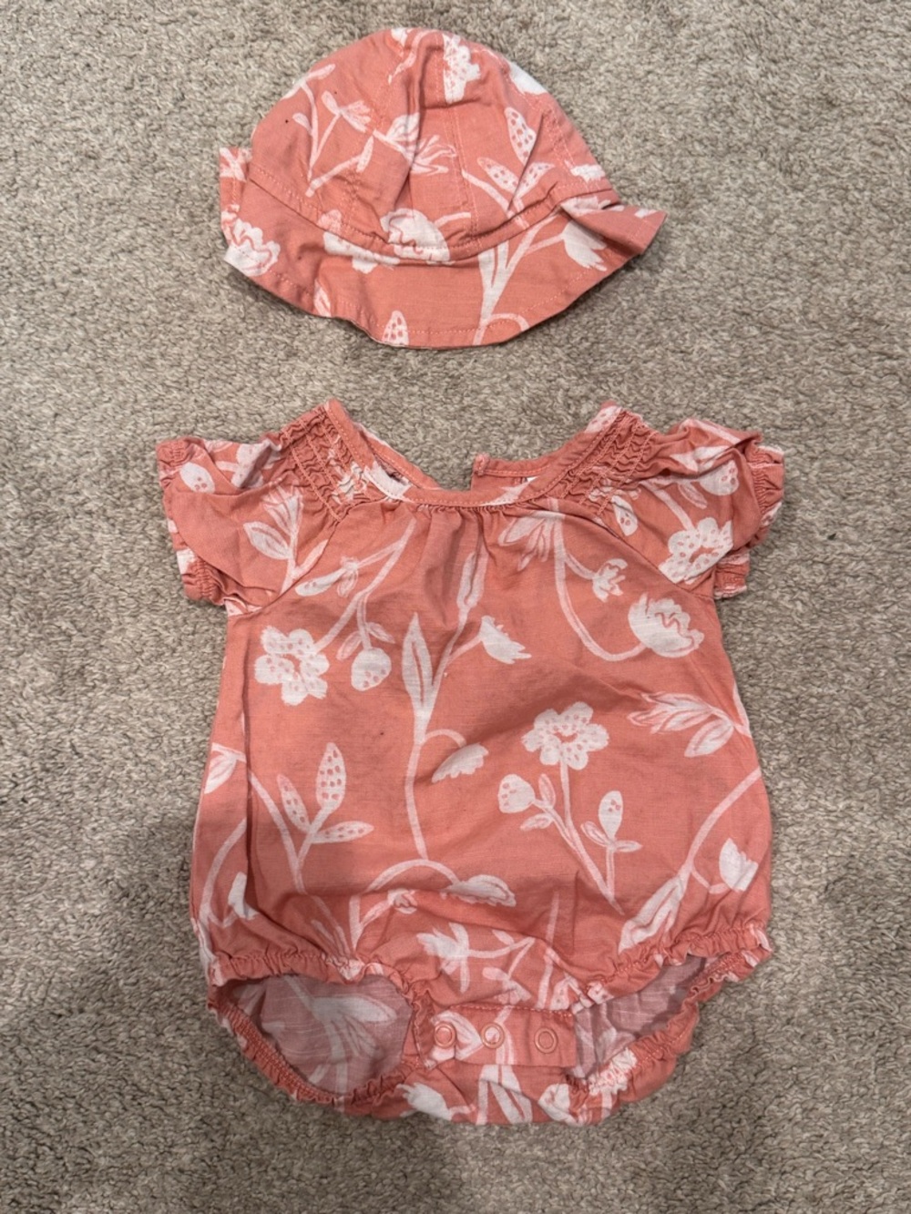 Carter's Coral Pink Floral Baby One-Piece Bodysuit with Matching Hat